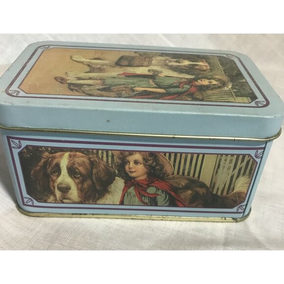Vintage Tin Box With Girl & St. Bernard Dog Print Blue Trim Nostalgic 5" X 3 " - Picture 3 of 9
